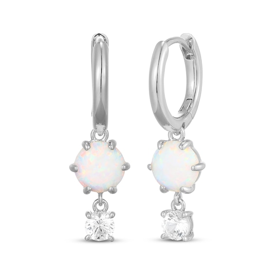 Lab-Created Opal & White Lab-Created Sapphire Hoop Drop Earrings Sterling Silver