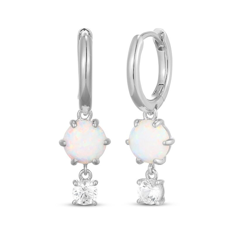 Main Image 1 of Lab-Created Opal & White Lab-Created Sapphire Hoop Drop Earrings Sterling Silver