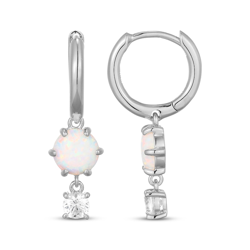 Main Image 3 of Lab-Created Opal & White Lab-Created Sapphire Hoop Drop Earrings Sterling Silver