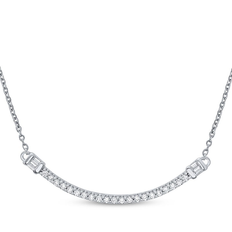 Main Image 1 of Baguette & Round-Cut Diamond Smile Necklace 1/4 ct tw 10K White Gold 18"