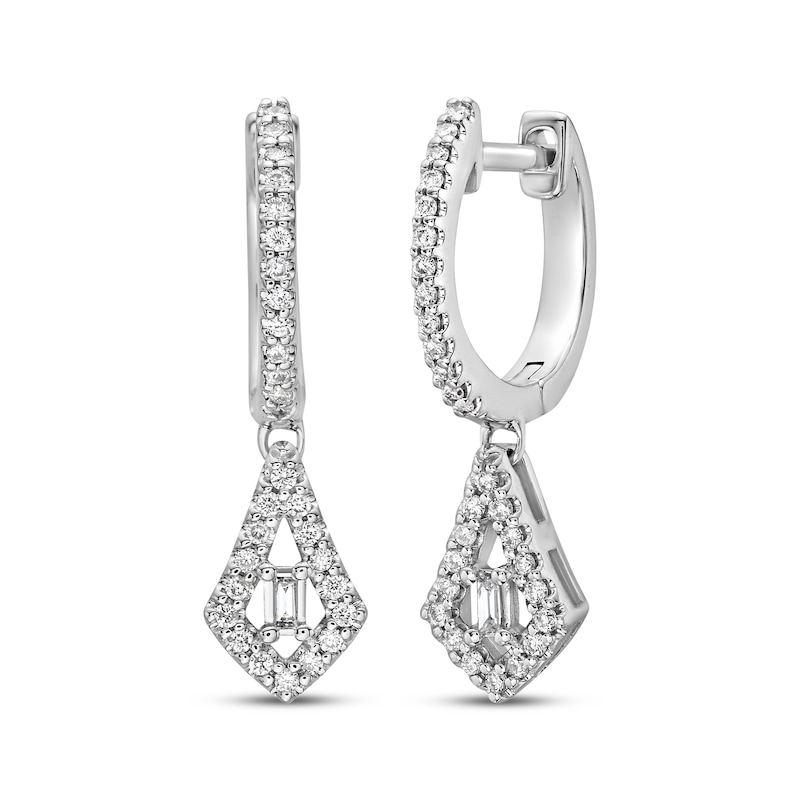 Main Image 1 of Baguette & Round-Cut Diamond Dangle Hoop Earrings 1/4 ct tw 10K White Gold