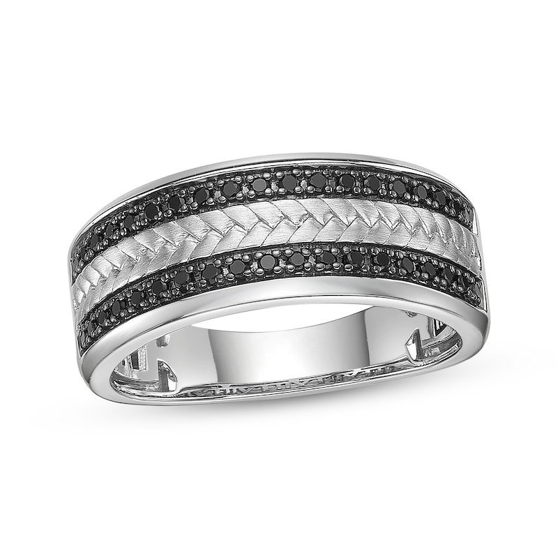 Main Image 1 of Men's Natural Black Spinel Woven Herringbone Pattern Ring Sterling Silver