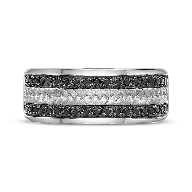 Main Image 4 of Men's Natural Black Spinel Woven Herringbone Pattern Ring Sterling Silver