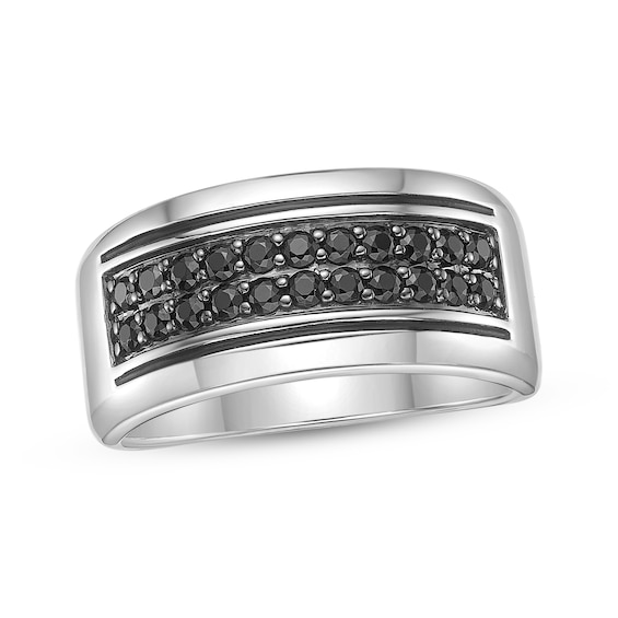 Men's Natural Black Spinel Two-Row Ring Sterling Silver