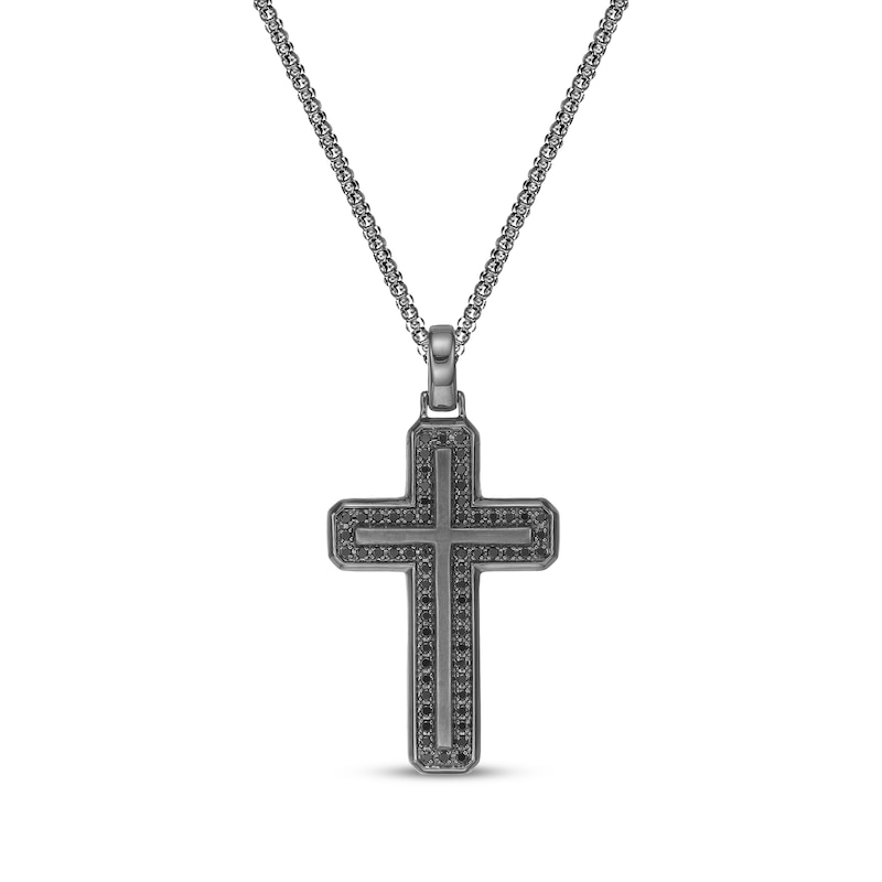 Main Image 1 of Twelve Crowns Men's Natural Black Spinel Cross Necklace Black Rhodium-Plated Sterling Silver 24"