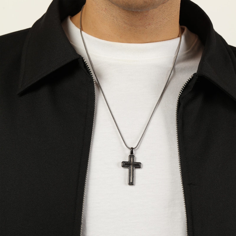 Main Image 6 of Twelve Crowns Men's Natural Black Spinel Cross Necklace Black Rhodium-Plated Sterling Silver 24"
