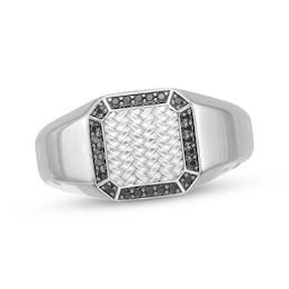 Men's Natural Black Spinel Octagon Woven Herringbone Pattern Signet Ring Sterling Silver
