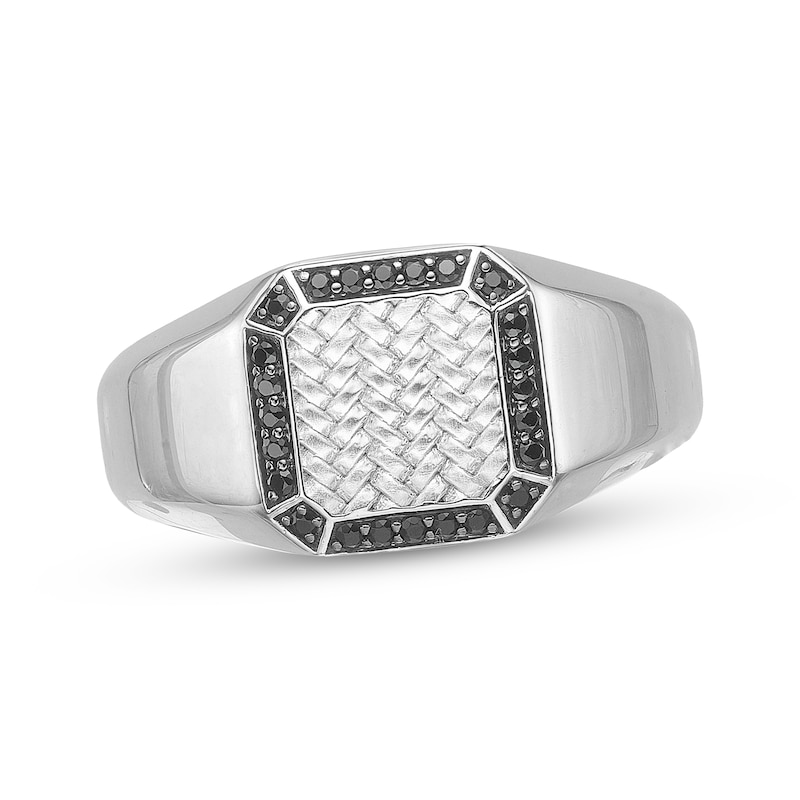 Main Image 1 of Men's Natural Black Spinel Octagon Woven Herringbone Pattern Signet Ring Sterling Silver