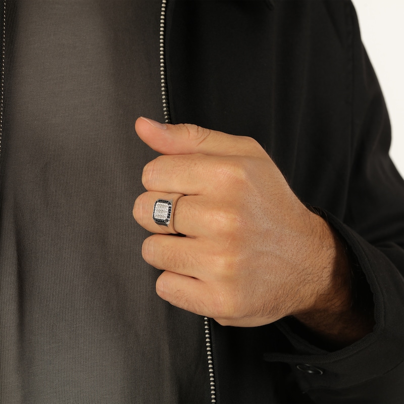 Main Image 5 of Men's Natural Black Spinel Octagon Woven Herringbone Pattern Signet Ring Sterling Silver
