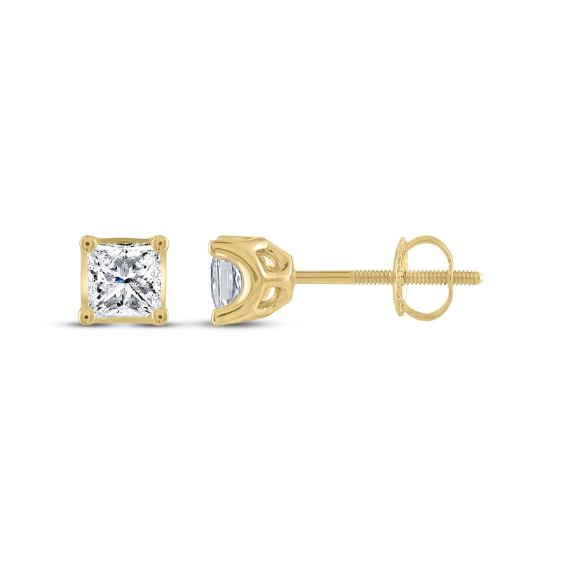 Main Image 3 of THE LEO Legacy Lab-Grown Diamond Princess-Cut Solitaire Stud Earrings 1 ct tw 14K Yellow Gold (F/VS2)