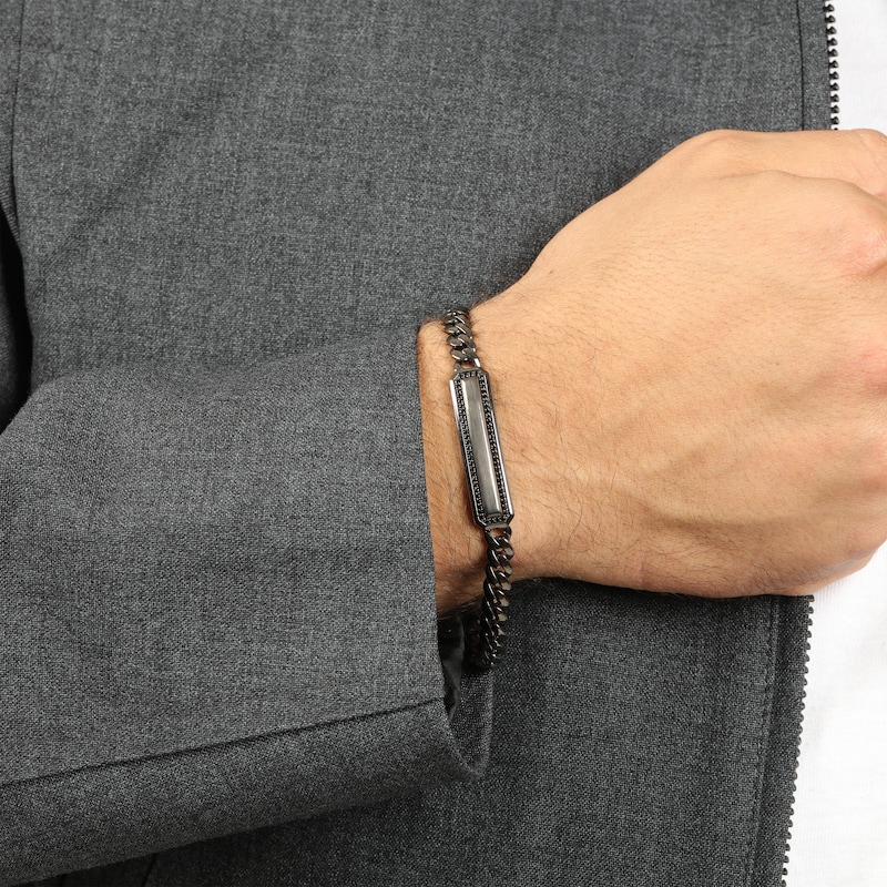 Main Image 6 of Twelve Crowns Men's Natural Black Spinel ID Bracelet Black Rhodium-Plated Sterling Silver 8.5"