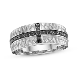 Men's Natural Black Spinel Cross Woven Herringbone Pattern Ring Sterling Silver