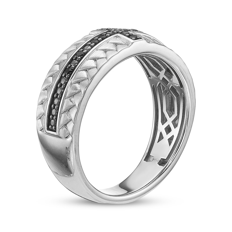 Main Image 2 of Men's Natural Black Spinel Cross Woven Herringbone Pattern Ring Sterling Silver