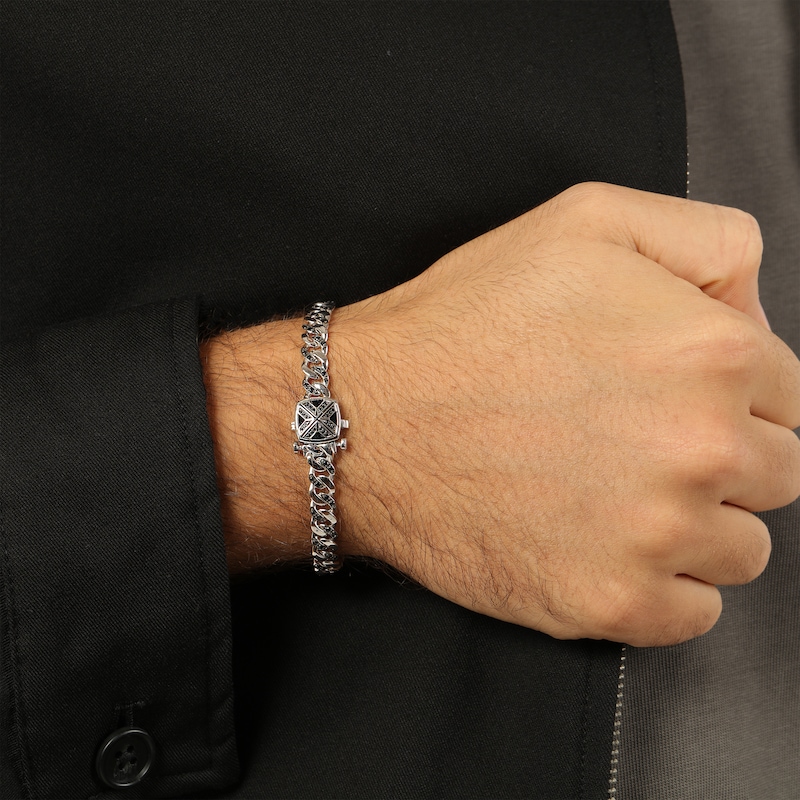 Main Image 5 of Twelve Crowns Men's Cushion-Cut Natural Agate & Black Spinel Curb Link Bracelet Sterling Silver 8.5"
