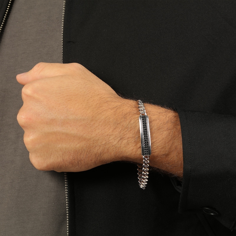 Main Image 6 of Men's Natural Black Spinel Two-Row ID Bracelet Sterling Silver 8.5"