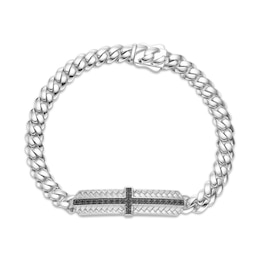 Men's Natural Black Spinel Cross Woven Herringbone Pattern ID Bracelet Sterling Silver 8.5"