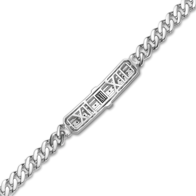 Main Image 4 of Men's Natural Black Spinel Cross Woven Herringbone Pattern ID Bracelet Sterling Silver 8.5"