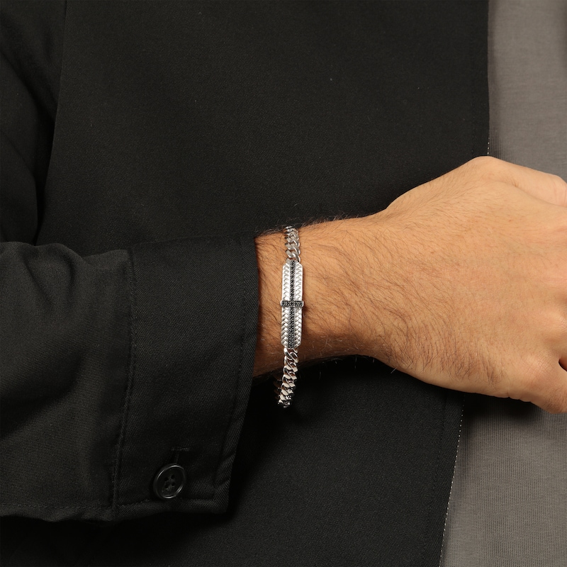 Main Image 7 of Men's Natural Black Spinel Cross Woven Herringbone Pattern ID Bracelet Sterling Silver 8.5"
