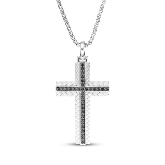Twelve Crowns Men's Natural Black Spinel Cross Woven Herringbone Pattern Necklace Sterling Silver 24"