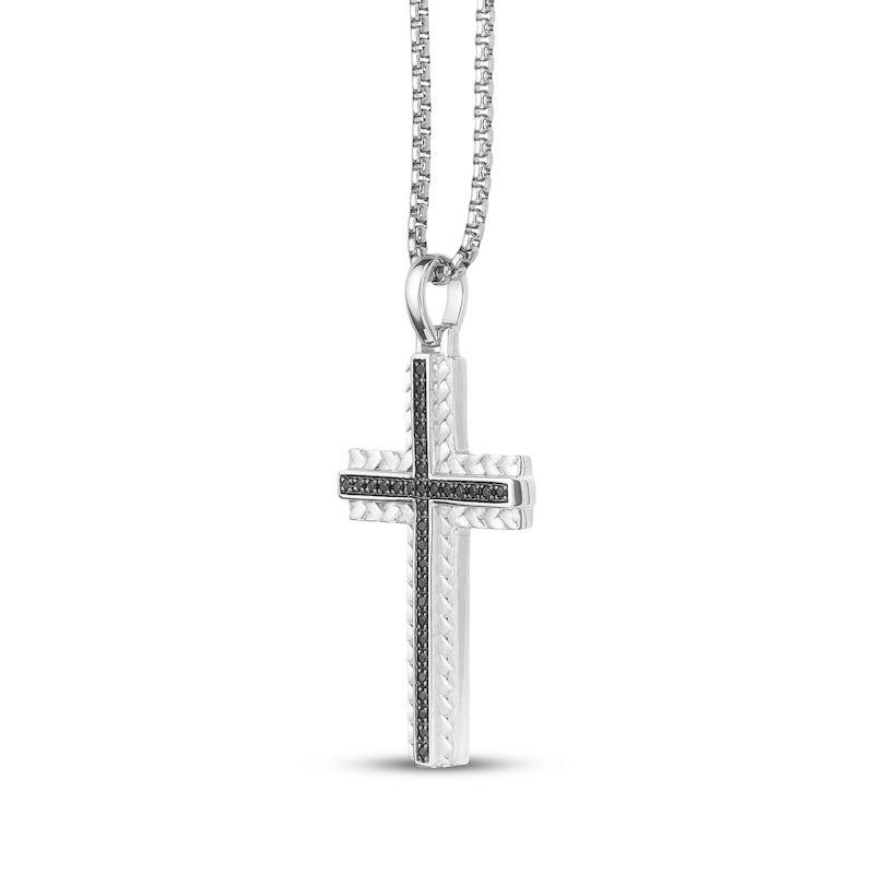 Main Image 2 of Men's Natural Black Spinel Cross Woven Herringbone Pattern Necklace Sterling Silver 24"