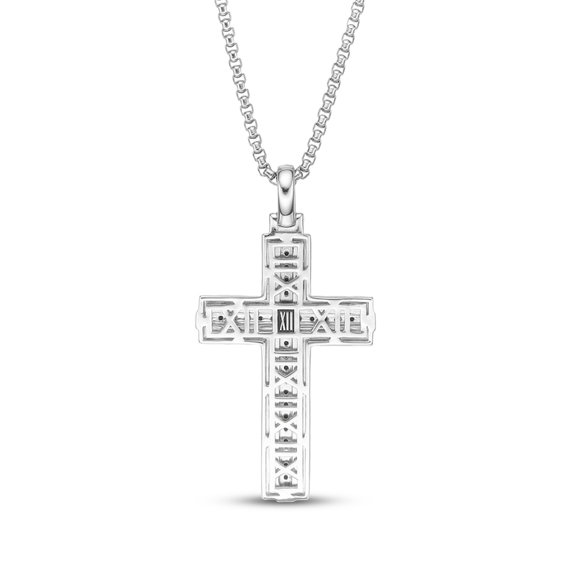 Main Image 3 of Men's Natural Black Spinel Cross Woven Herringbone Pattern Necklace Sterling Silver 24"