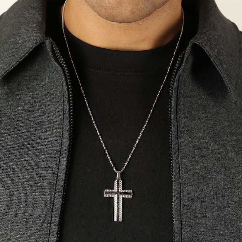 Main Image 5 of Men's Natural Black Spinel Cross Woven Herringbone Pattern Necklace Sterling Silver 24"