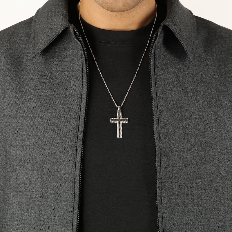 Main Image 6 of Men's Natural Black Spinel Cross Woven Herringbone Pattern Necklace Sterling Silver 24"
