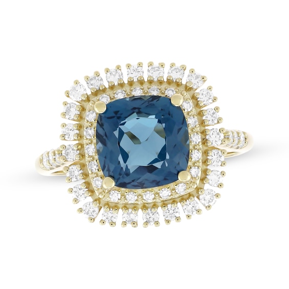 KAY Lab-Grown Diamonds Cushion-Cut Natural London Blue Topaz Double Halo Ring 3/8 ct tw 10K Yellow Gold