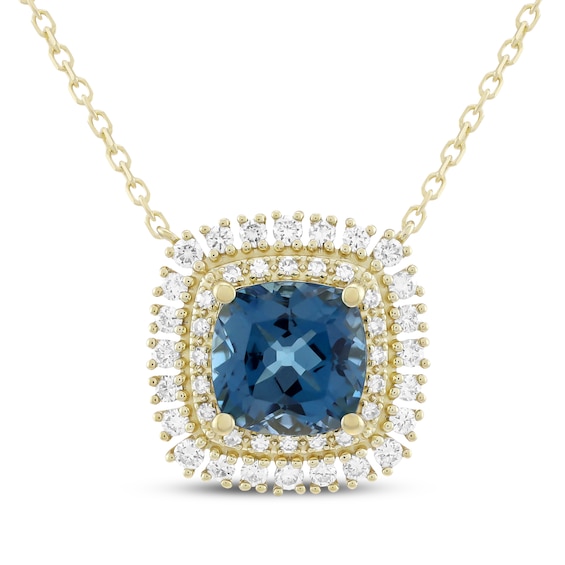 KAY Lab-Grown Diamonds Cushion-Cut Natural London Blue Topaz Double Halo Necklace 3/8 ct tw 10K Yellow Gold 18"