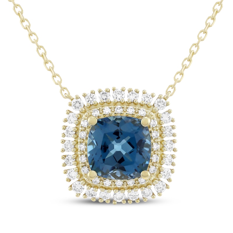 Main Image 1 of KAY Lab-Grown Diamonds Cushion-Cut Natural London Blue Topaz Double Halo Necklace 3/8 ct tw 10K Yellow Gold 18"