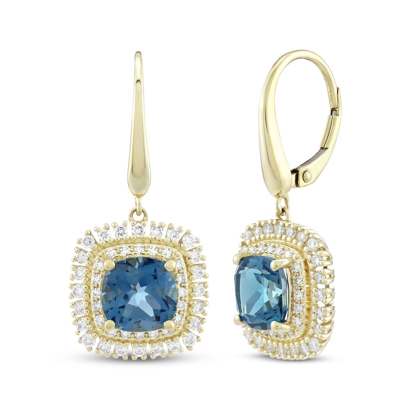 Main Image 1 of KAY Lab-Grown Diamonds Cushion-Cut Natural London Blue Topaz Double Halo Dangle Earrings 5/8 ct tw 10K Yellow Gold