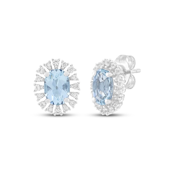 Oval-Cut Natural Aquamarine & White Lab-Created Sapphire Halo Stud Earrings Sterling Silver