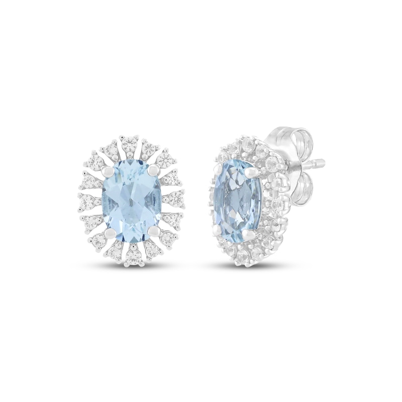 Main Image 1 of Oval-Cut Natural Aquamarine & White Lab-Created Sapphire Halo Stud Earrings Sterling Silver