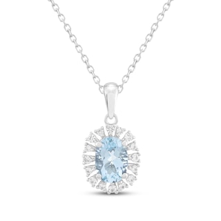 Oval-Cut Natural Aquamarine & White Lab-Created Sapphire Halo Necklace Sterling Silver 18"