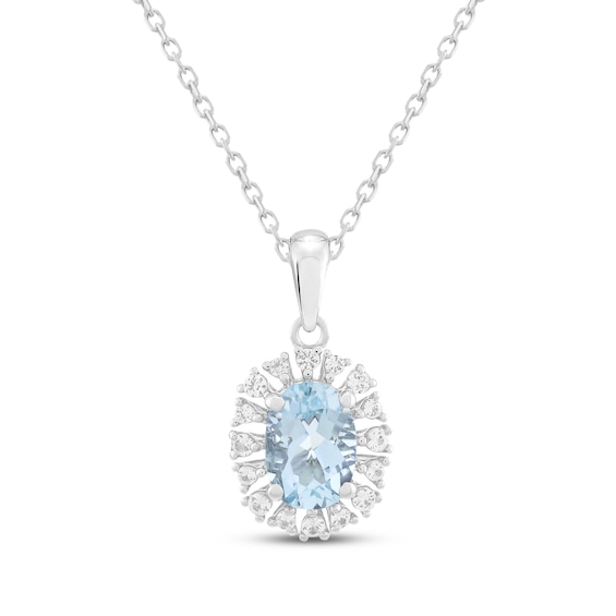 Oval-Cut Natural Aquamarine & White Lab-Created Sapphire Halo Necklace Sterling Silver 18"