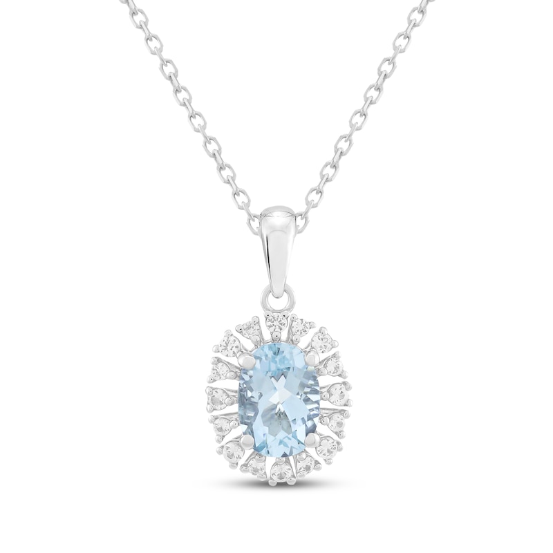Main Image 1 of Oval-Cut Natural Aquamarine & White Lab-Created Sapphire Halo Necklace Sterling Silver 18"