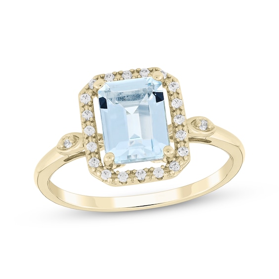 KAY Lab-Grown Diamonds Emerald-Cut Natural Aquamarine Halo Ring 1/10 ct tw 10K Yellow Gold