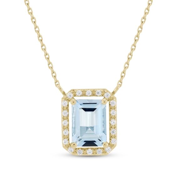 KAY Lab-Grown Diamonds Emerald-Cut Natural Aquamarine Halo Necklace 1/10 ct tw 10K Yellow Gold 18"