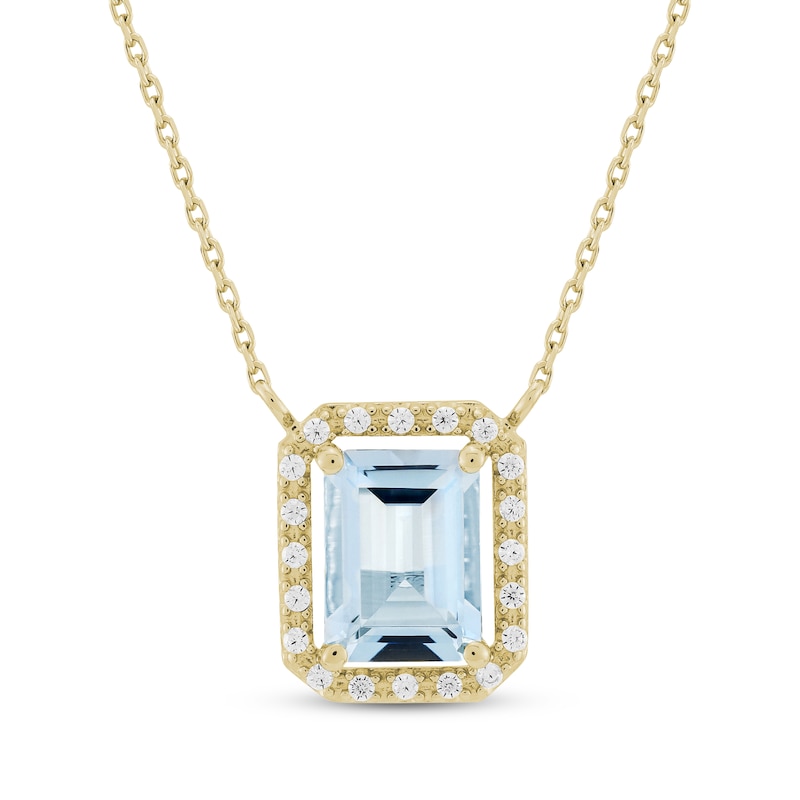 Main Image 1 of KAY Lab-Grown Diamonds Emerald-Cut Natural Aquamarine Halo Necklace 1/10 ct tw 10K Yellow Gold 18"