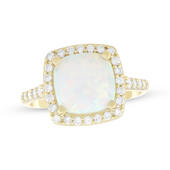KAY Lab-Grown Diamonds Cushion-Cut Natural Opal Halo Ring 3/8 ct tw 10K Yellow Gold