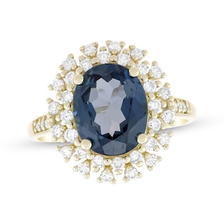 KAY Lab-Grown Diamonds Oval-Cut Natural London Blue Topaz Double Halo Ring 1/2 ct tw 10K Yellow Gold