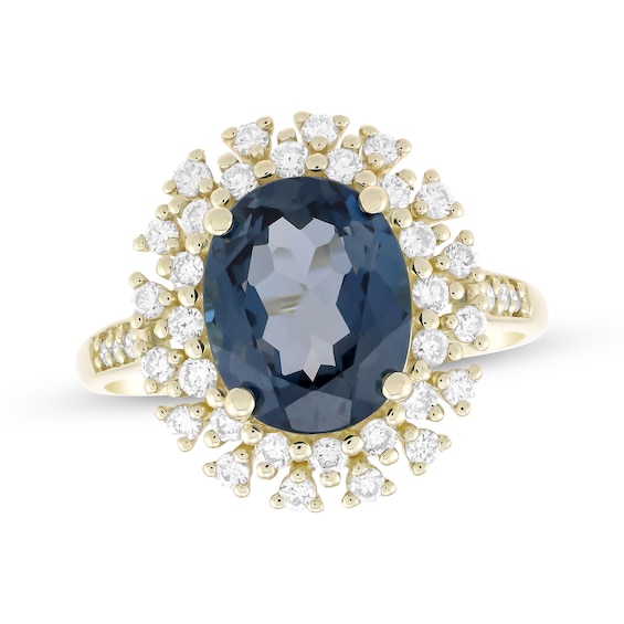 KAY Lab-Grown Diamonds Oval-Cut Natural London Blue Topaz Double Halo Ring 1/2 ct tw 10K Yellow Gold