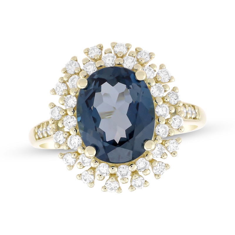 Main Image 1 of KAY Lab-Grown Diamonds Oval-Cut Natural London Blue Topaz Double Halo Ring 1/2 ct tw 10K Yellow Gold
