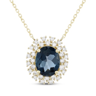 KAY Lab-Grown Diamonds Oval-Cut Natural London Blue Topaz Halo Necklace 1/2 ct tw 10K Yellow Gold 18"