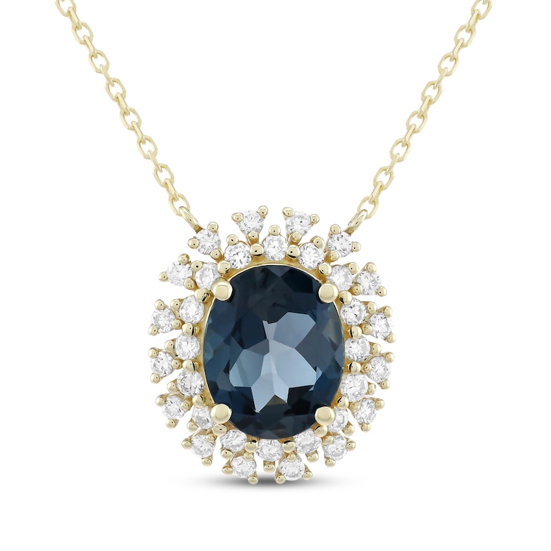 Main Image 1 of KAY Lab-Grown Diamonds Oval-Cut Natural London Blue Topaz Halo Necklace 1/2 ct tw 10K Yellow Gold 18"