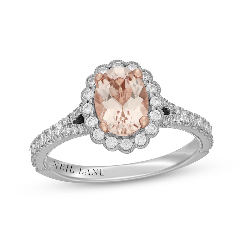 Main Image 1 of Neil Lane Oval-Cut Natural Morganite & Diamond Halo Engagement Ring 1/2 ct tw 14K Two-Tone Gold