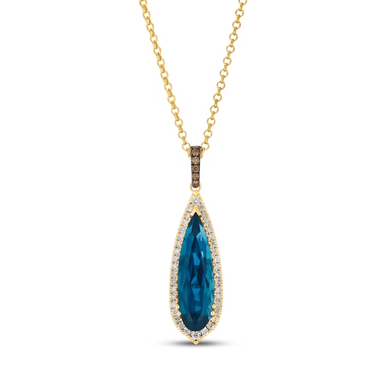 Le Vian Elongated Pear-Shaped Natural London Blue Topaz Halo Necklace 1/3 ct tw Diamonds 14K Honey Gold 19"