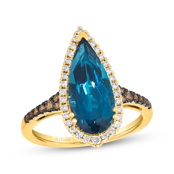 Le Vian Elongated Pear-Shaped Natural London Blue Topaz Halo Ring 1/3 ct tw Diamonds 14K Honey Gold