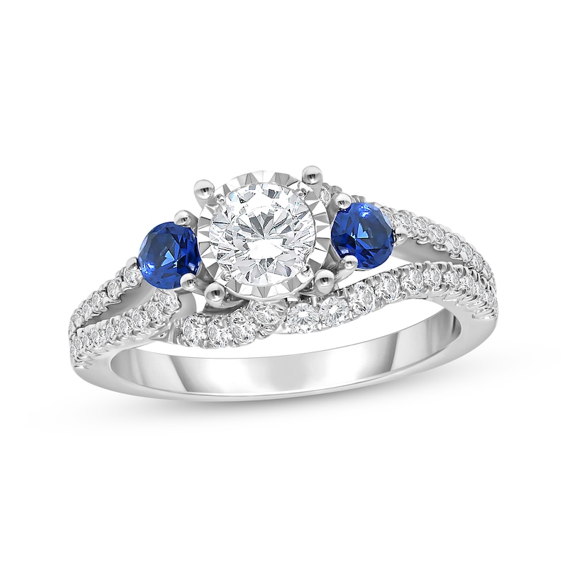 Round Diamond and Blue Sapphire Three-Stone Engagement Ring 1 ct tw 14K White Gold |