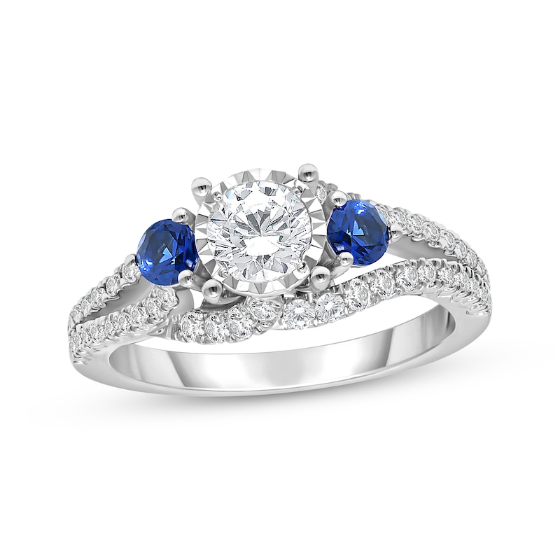 Round Cut Diamond and Blue Sapphire Three-Stone Engagement Ring 1 ct tw ...